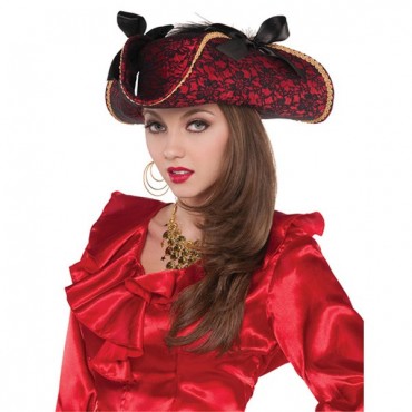 Chapeau Pirate Tricorne tissu rouge