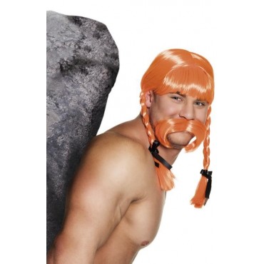 Perruque Gaulois orange avec tresses et moustache