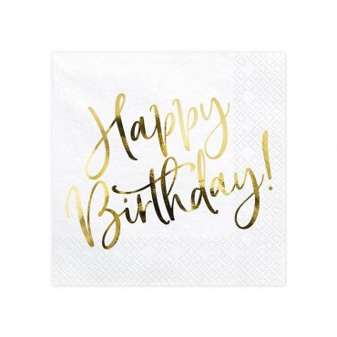 20 Serviettes papier Happy Birthday métal or