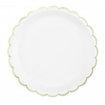 8 Grandes assiettes blanches festonnées or