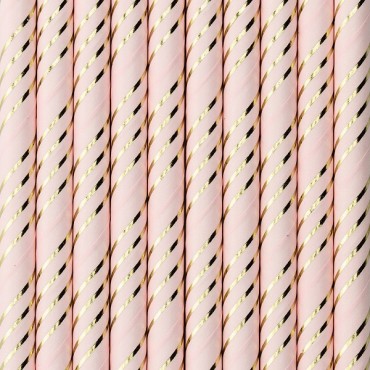 10 Pailles en papier roses à rayures or