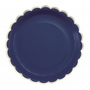 8 Grandes assiettes bleu marine festonnées or