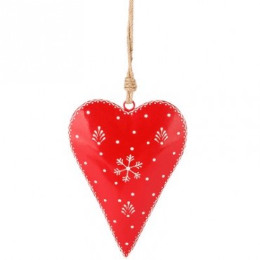 Coeur en métal imprimés flocons de neige rouge/blanc à suspendre