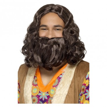 Perruque et barbe brune Hippie/Jesus