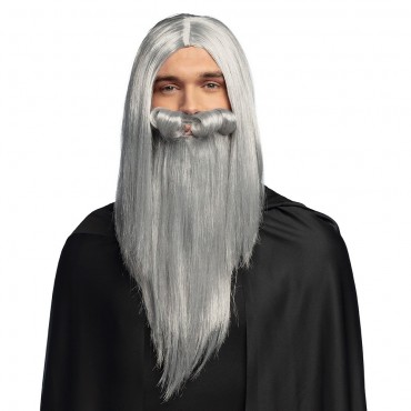 Perruque longue grise Magicien avec moustache grise